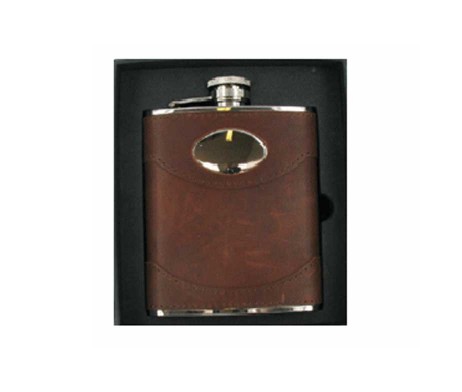 Spanish Leather Engraved Hip Flask with Free Engraving. Personalised Hip Flask in soft brown leather supplied in a Leather Hip Flask presentation box.