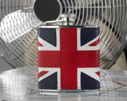Union Jack Hip Flask In Leather with presentation box. Union Jack hip flask in stainless steel and leather with sleek black, presentation gift box. Cool Iconic Design Union Jack Hip Flask in steel & leather.
