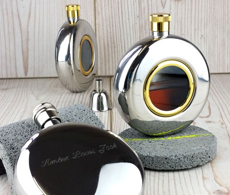 Round Window Personalised Hip Flask with Presentation Box & FREE Engraving