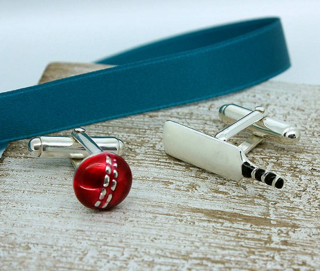 Sterling Silver And Enamel Cricket Cufflinks with Presentation Box