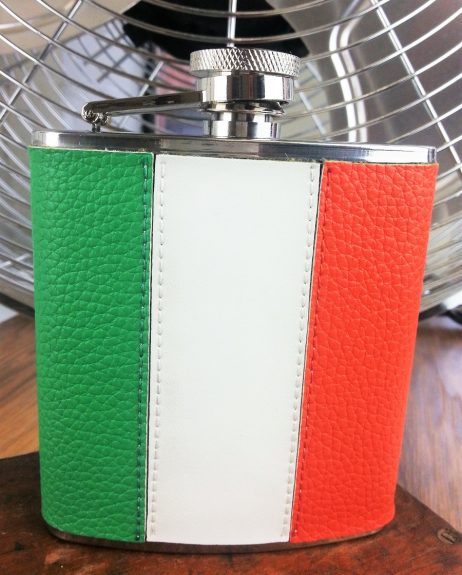 Irish Tricolour Hip Flask - Leather Hip Flask with Irish Flag. Classic Irish Tricolour Hip Flask features a truly iconic design, the full colour 6 oz Irish flag hip flask & capture top.