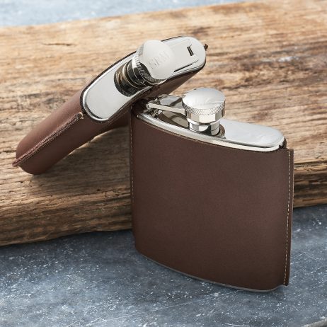 Personalised Brown Leather Hip Flask. Engraved Leather Hip Flask personalised with FREE ENGRAVING and black hip flask presentation box.